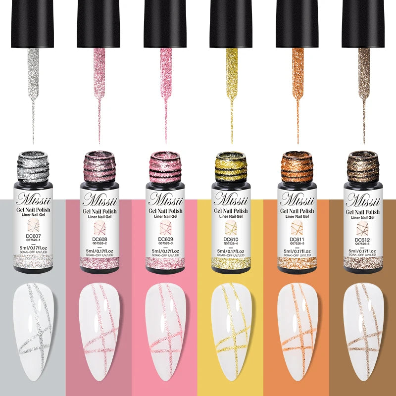2/3/4/6pcs Platinum Glitter Liner Gel Nail Polish Set Gold Silver Sparkle Pull Line Gel Graffiti Painting Stripe DIY French Nail
