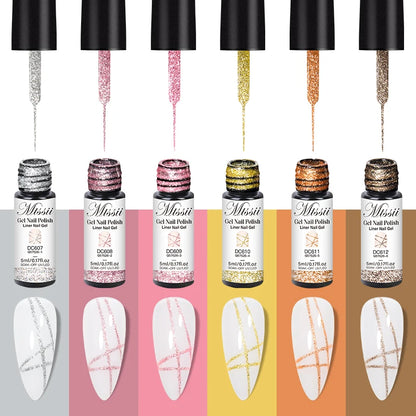 2/3/4/6pcs Platinum Glitter Liner Gel Nail Polish Set Gold Silver Sparkle Pull Line Gel Graffiti Painting Stripe DIY French Nail