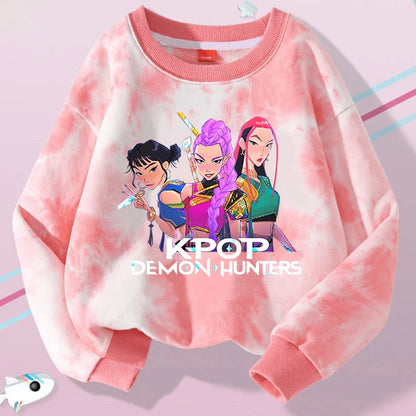 K-Pop Hunters Zoey Mira Rumi Tie-dyed Sweatshirt for Girl Pullover Crew Neck Child Sportwear Long Sleeve Cartoon Kids Tops