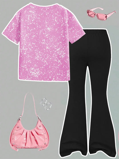 Girls' K-Pop Retro Duo Set: Pink Splatter Graphic Tee & Black Flared Pants