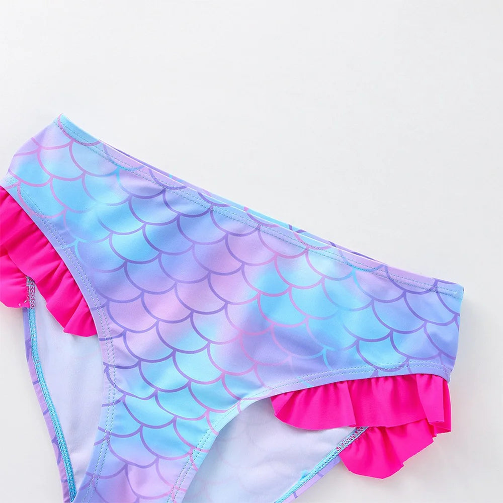 Girls' "Nature Love" Bikini Set: Mermaid Scale Pattern with Chibi Fox & Asymmetric Ruffles