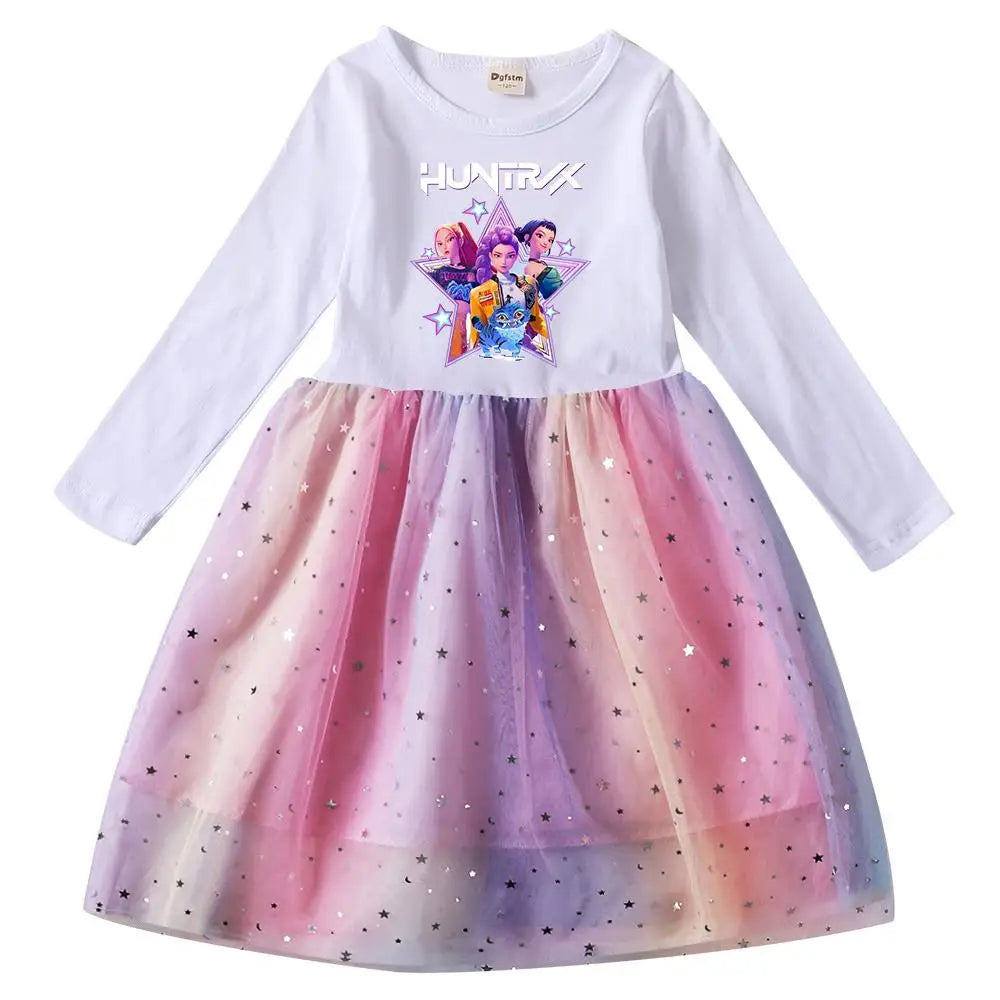Girls' K-Pop Demon Hunters "Star Sparkle" Long Sleeve Tutu Dress: Rainbow Tulle Princess Gown