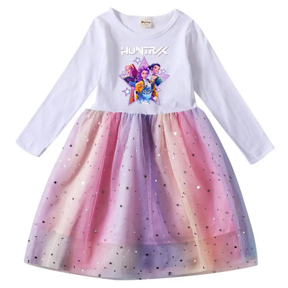 Girls' K-Pop Demon Hunters "Star Sparkle" Long Sleeve Tutu Dress: Rainbow Tulle Princess Gown