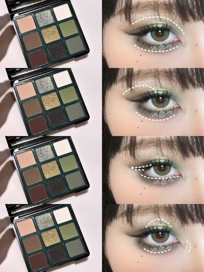 9 Color Eyeshadow Palette Olive Green Smoky Eye Look Pearlescent Shimmer Matte Eyeshadow Powder Makeup Palette Glitter Cosmetics