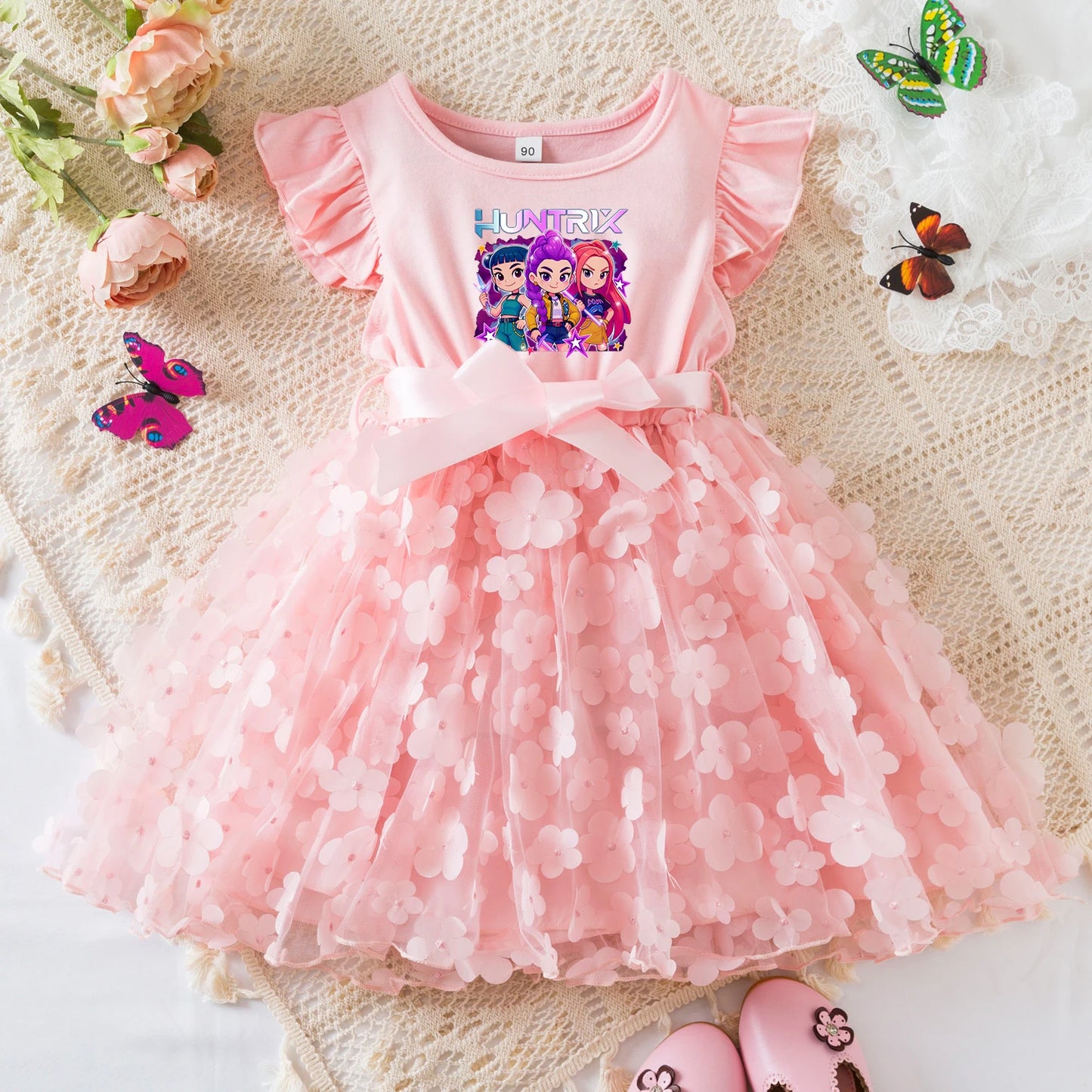 Girls' K-Pop Demon Hunters "Pink Blossom" Dress: 3D Flower Tutu & Idol Graphic Gown