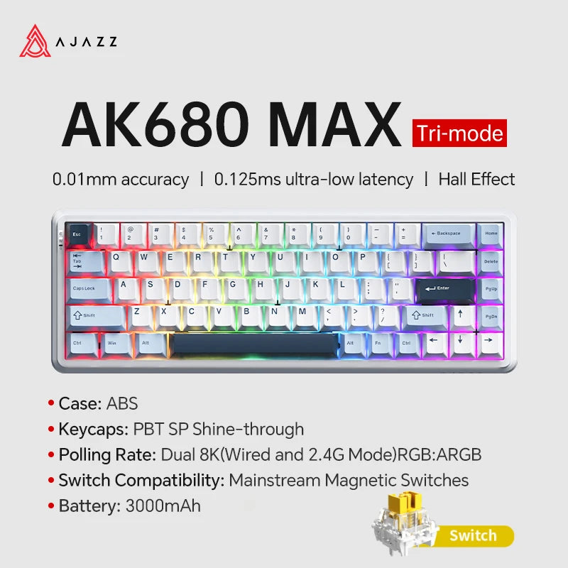 AJAZZ AK680 MAX/V2 Mechanical Keyboard HE Hall Effect Switch 60% 8k/1K RGB Wired/Wireless Gaming Rapid Trigger Magnetic Keyboard