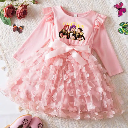 Girls' K-Pop HUNTRX "Butterfly Dreams" Dress: Long Sleeve 3D Applique Tutu Princess Gown