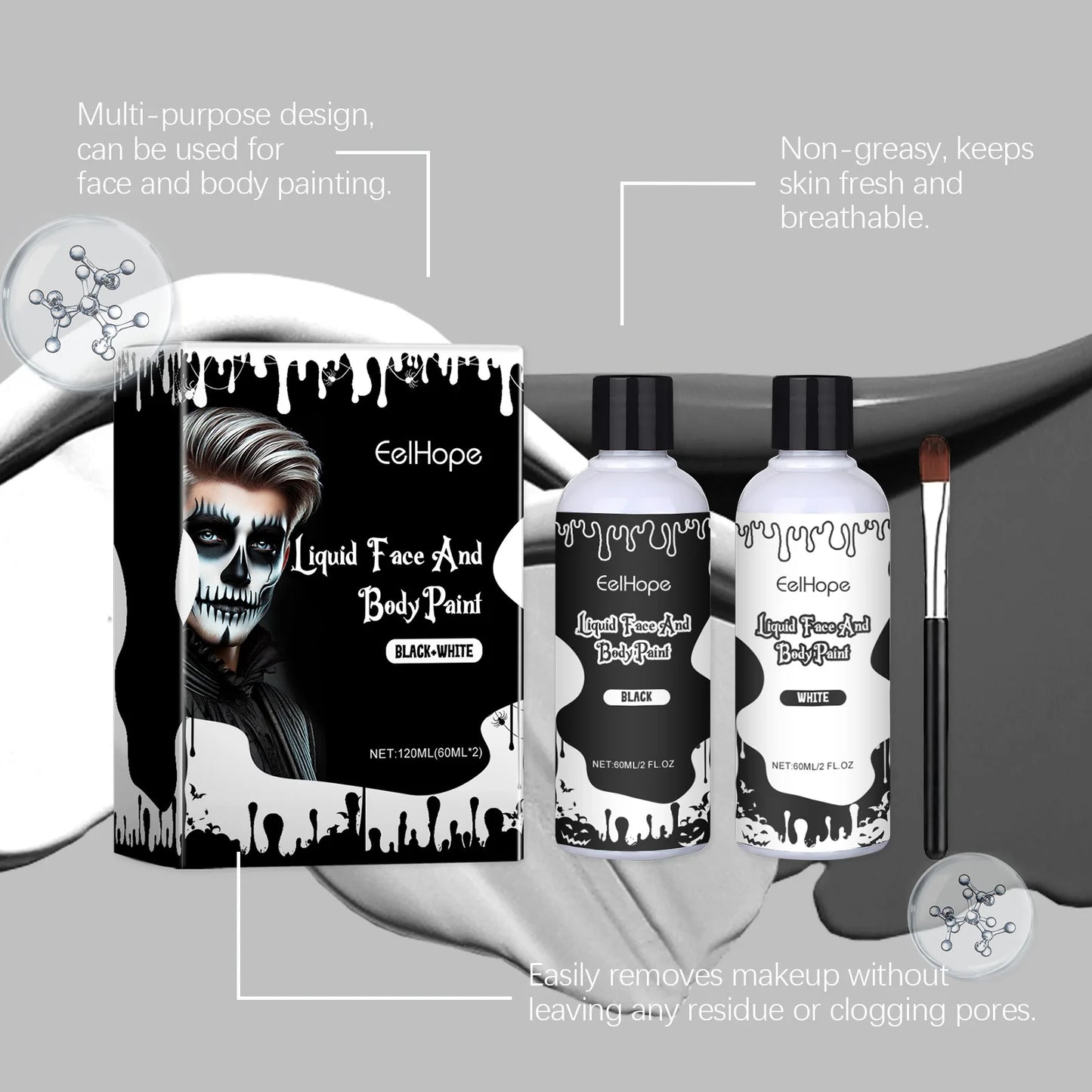 Eelhope Halloween Quick Dry Liquid Face Paint Body Paint Costume Party Waterproof Face Body Art Makeup with Brushes Washable