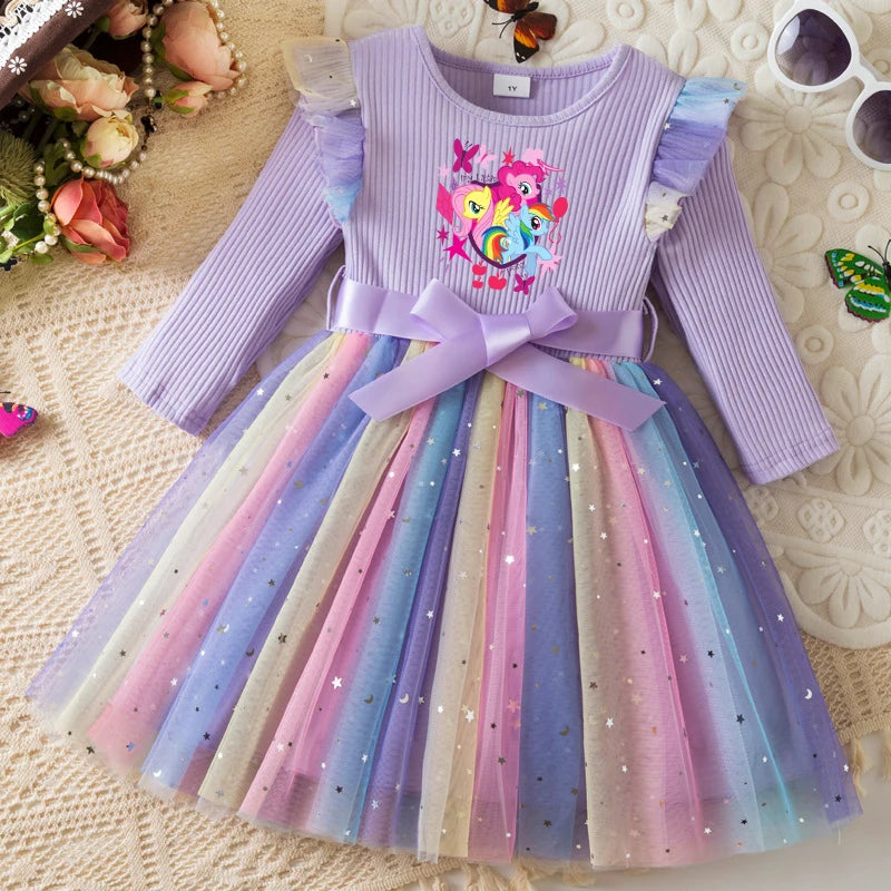 My Little Ponys Colorful Princess Dress for Kids Girls Casual Long Sleeve Sequin Mesh Dresses Party Gift 1-5Y