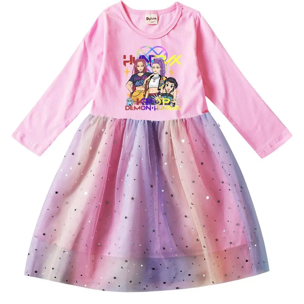 Girls' K-Pop Demon Hunters "Star Sparkle" Long Sleeve Tutu Dress: Rainbow Tulle Princess Gown