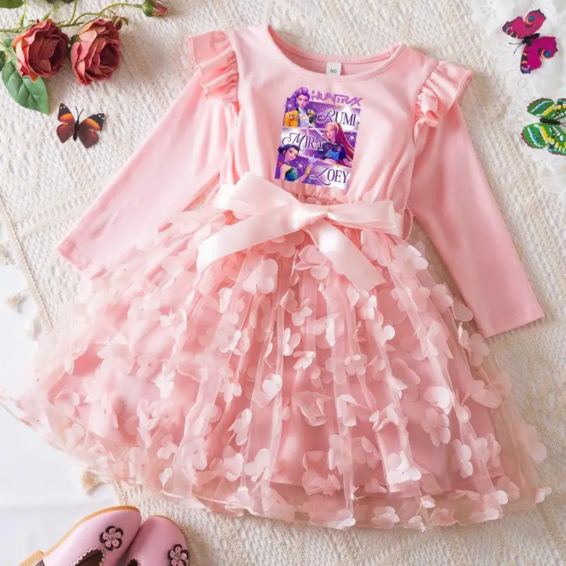 Girls' K-Pop HUNTRX "Butterfly Dreams" Dress: Long Sleeve 3D Applique Tutu Princess Gown