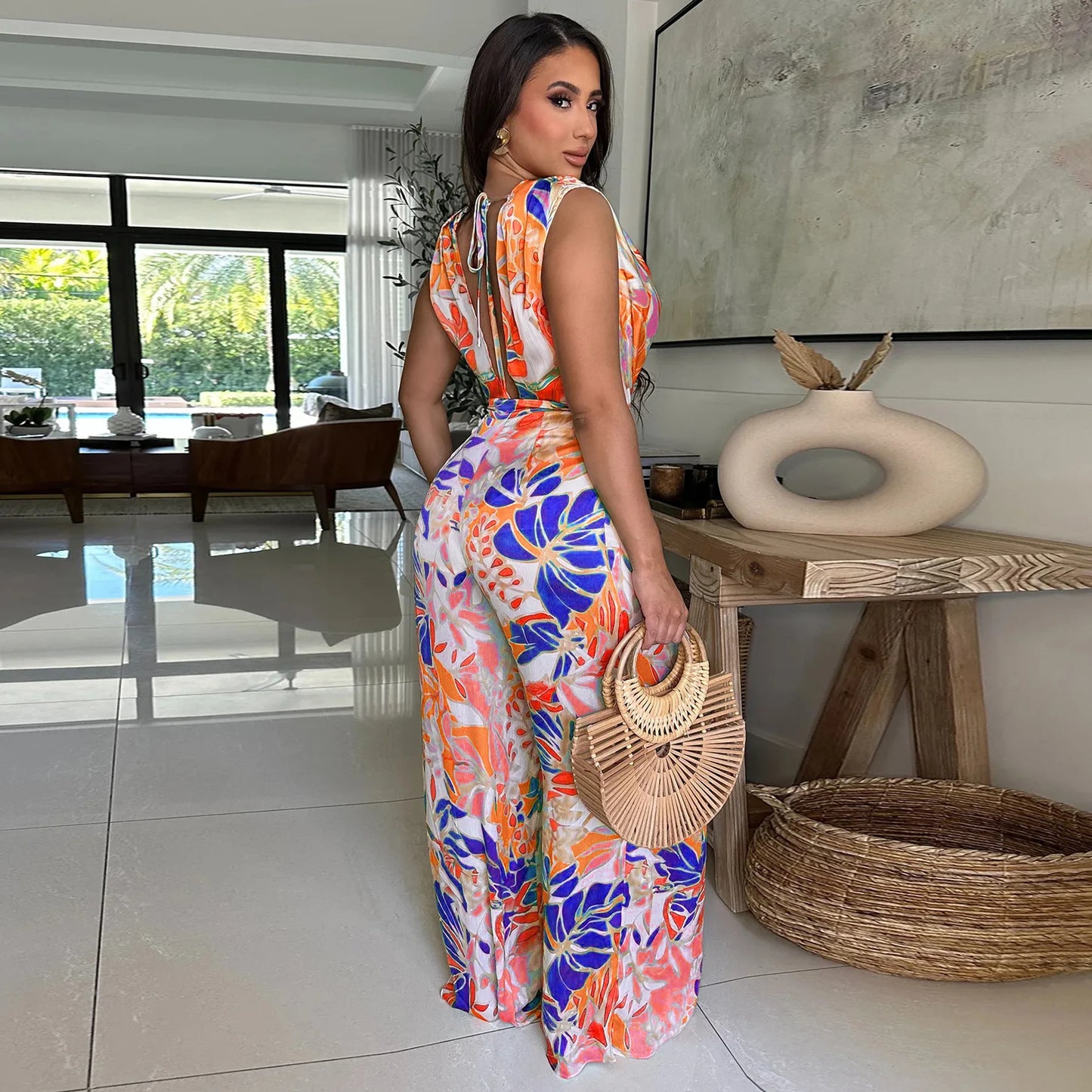 Summer Women 2025 Outfits Beach Jumpsuit Cover Up For Female Swim Swimsuit Sexy Tunic Sleeveless Lace Up Wide Leg Printed Romper