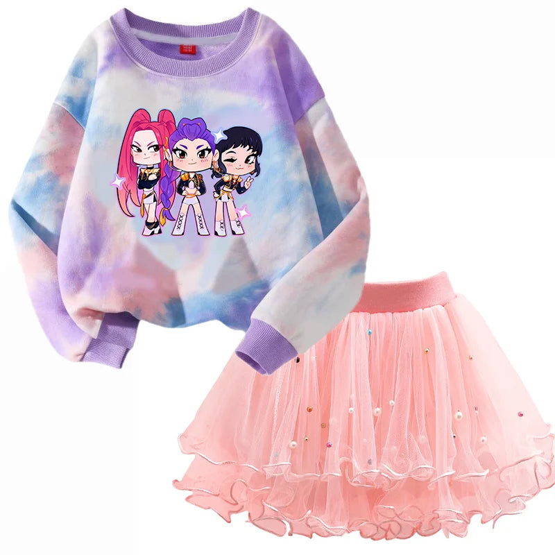 Girls' K-Pop HUNTRX Autumn Set: Pink Tie-Dye Sweatshirt & Pearl Tulle Princess Skirt