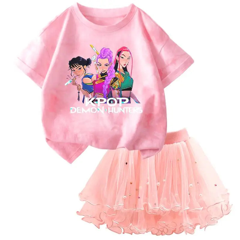 Girls' K-Pop HUNTRX Princess Set: Tie-Dye Graphic Tee & Pearl Tutu Skirt 2-Piece Outfit
