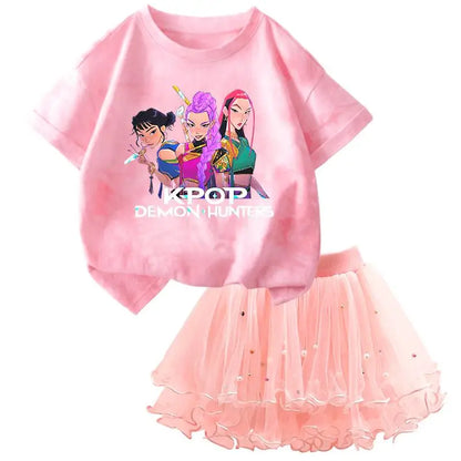Girls' K-Pop HUNTRX Princess Set: Tie-Dye Graphic Tee & Pearl Tutu Skirt 2-Piece Outfit