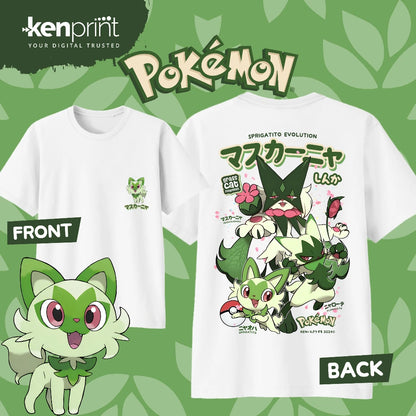 Anime Pokémon Sprigatito Evolution Cotton T-shirt Summer Men's and Women's Harajuku Clothing Fashion Casual Street T-shirt