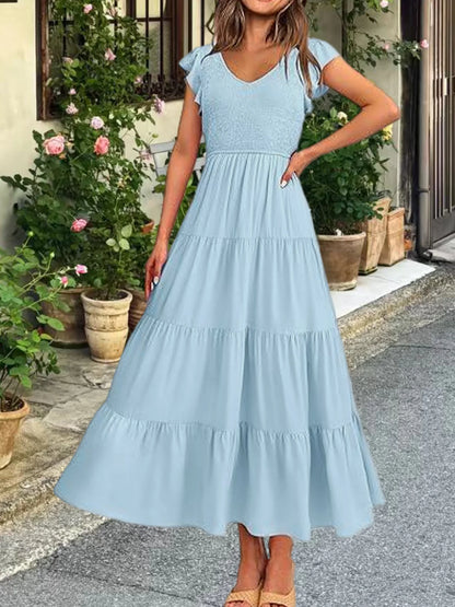 Ruched V-Neck Tiered Maxi Dress: Flutter Butterfly Sleeve Summer Gown