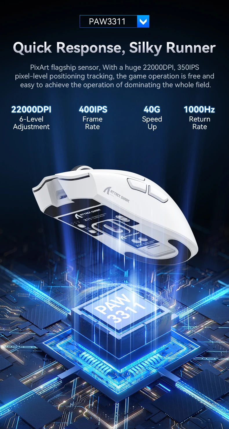 Attack Shark X11 Mouse PAW3311 Wireless 1K Hz Macro Magnetic RGB Docking Charger for Gaming