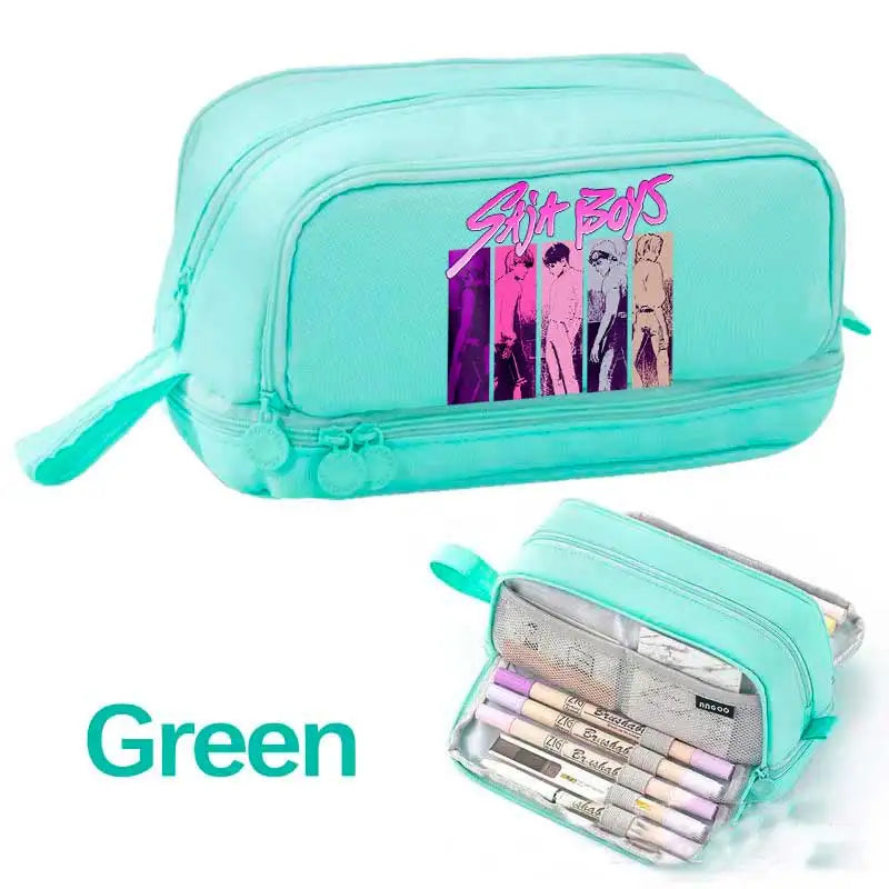 KPOP Pencil Case Student Storage Bag Stationery Large Space Storage 4 Compartment Pouch Double Side Opened