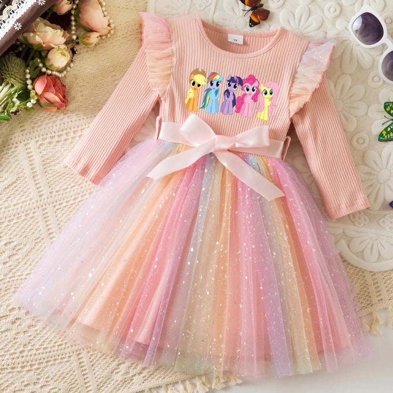 My Little Ponys Colorful Princess Dress for Kids Girls Casual Long Sleeve Sequin Mesh Dresses Party Gift 1-5Y