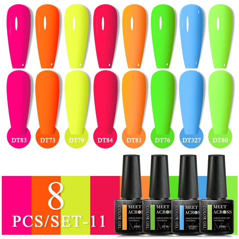 MEET ACROSS 8Pcs/Set Glitter Red Pink Orange Gel Nail Polish Semi Permanent Soak Off UV Gel Varnish Nail Art Manicure Kit
