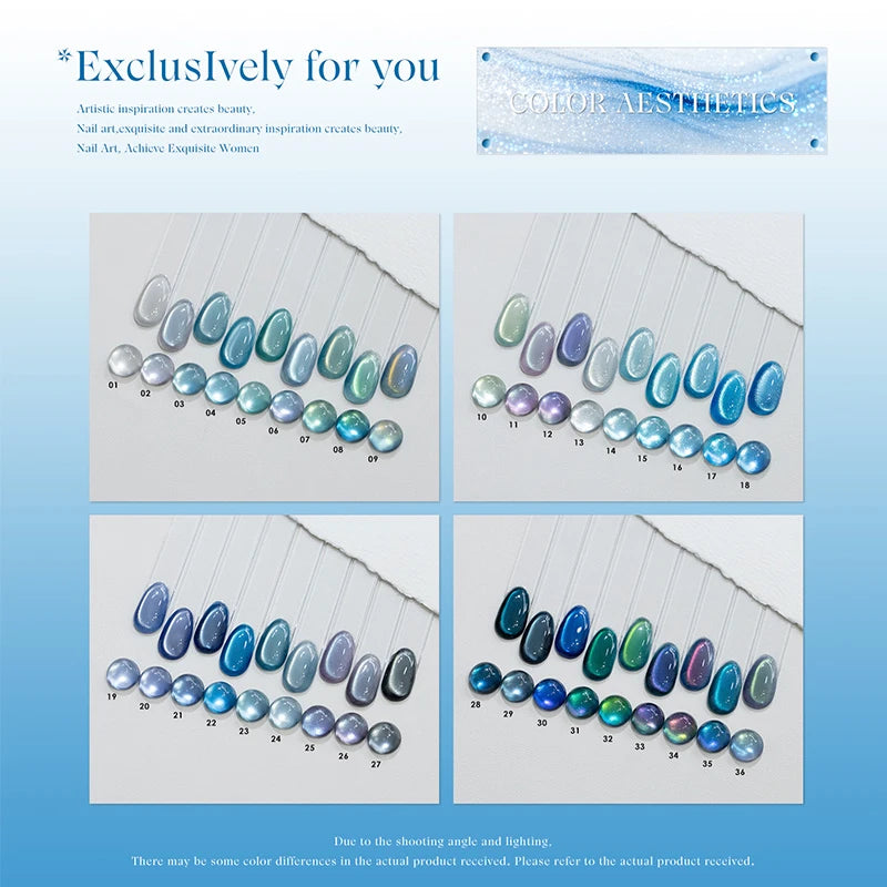 Cat Eye Gel Nail Polish 36 Colors Glacier & Island Blue Trendy Super Bright Glass Bead High Shine Long Lasting Soak Off UV LED