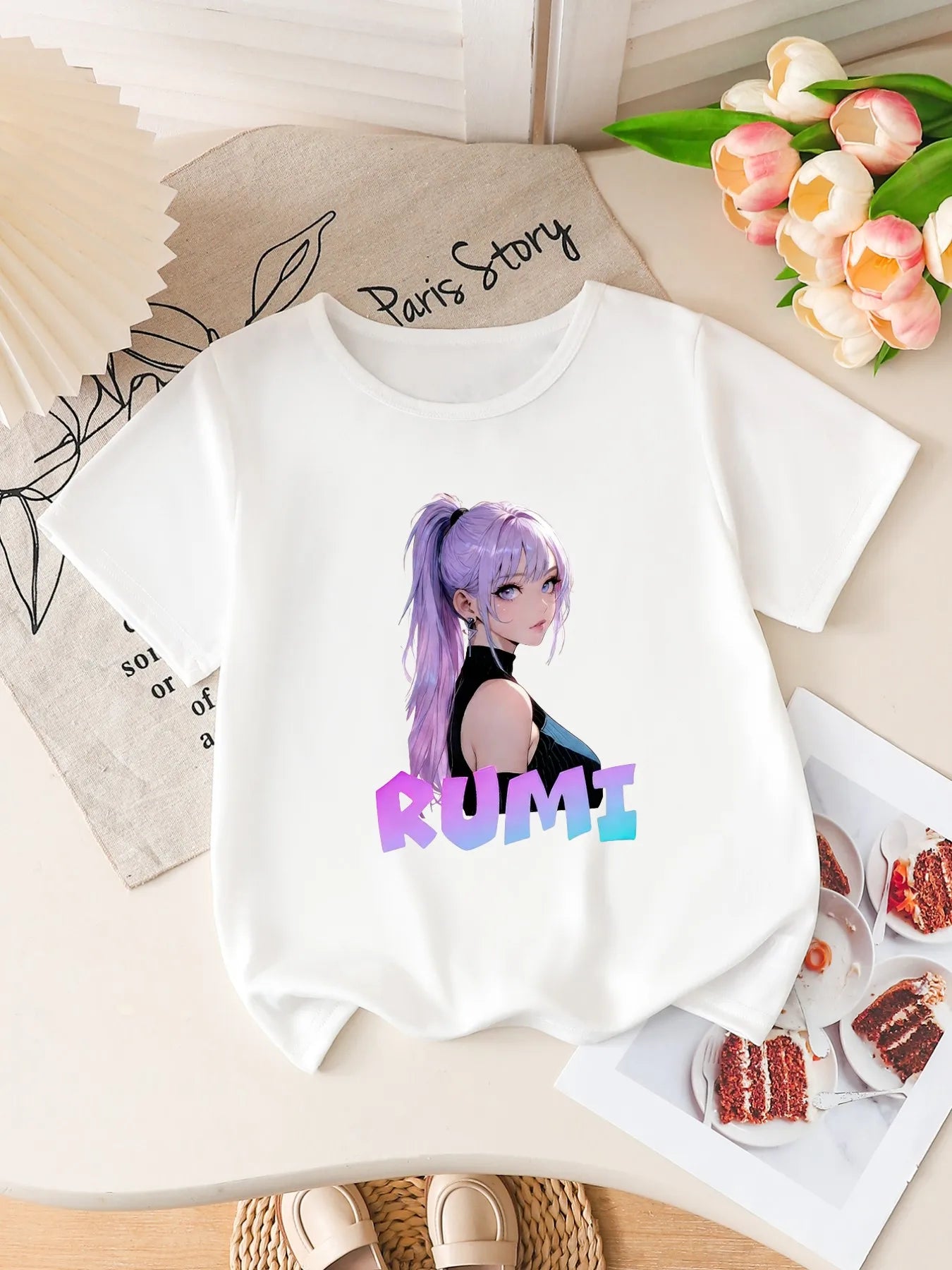 Girls RUMI Anime Girl Print Short Sleeve T-Shirt Cute Kawaii Graphic Tee Kids Summer Casual Top