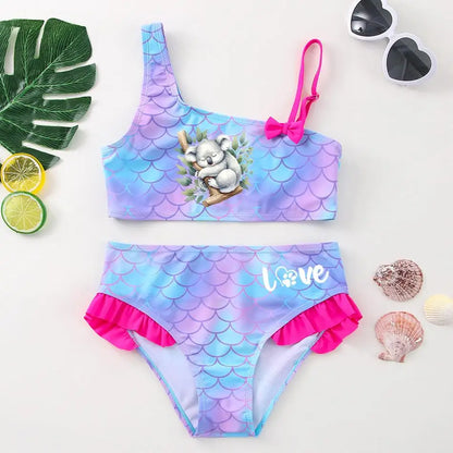 Girls' "Nature Love" Bikini Set: Mermaid Scale Pattern with Chibi Fox & Asymmetric Ruffles