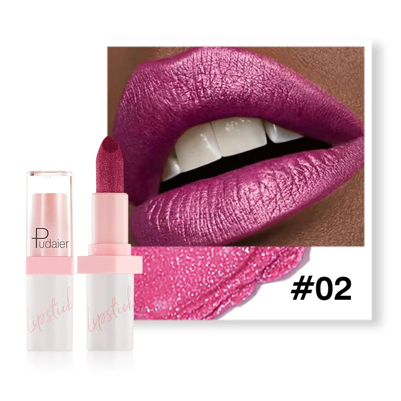 Pudaier Shimmery Diamond Lipstick: 10 Shades of Waterproof Glitter & Metallic Shine