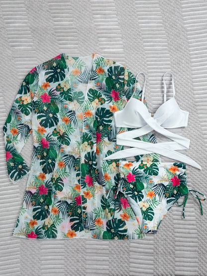 Three Pieces Bikini Set Cover Up Women 2023 New Push Up Twist Swimsuit Print Long Sleeve Swimwear Biquini Bathing Suit Summer