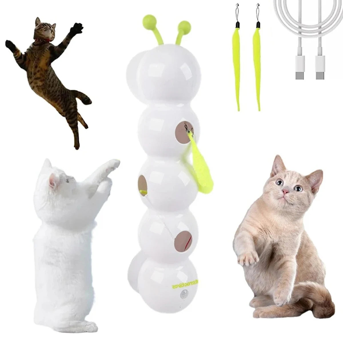 Sensor Automatic Cat Feather Toy USB Rechargeable Interactive Fluffy Tail Teaser with Suction Cup Automatic Cat Toy for Indoor
