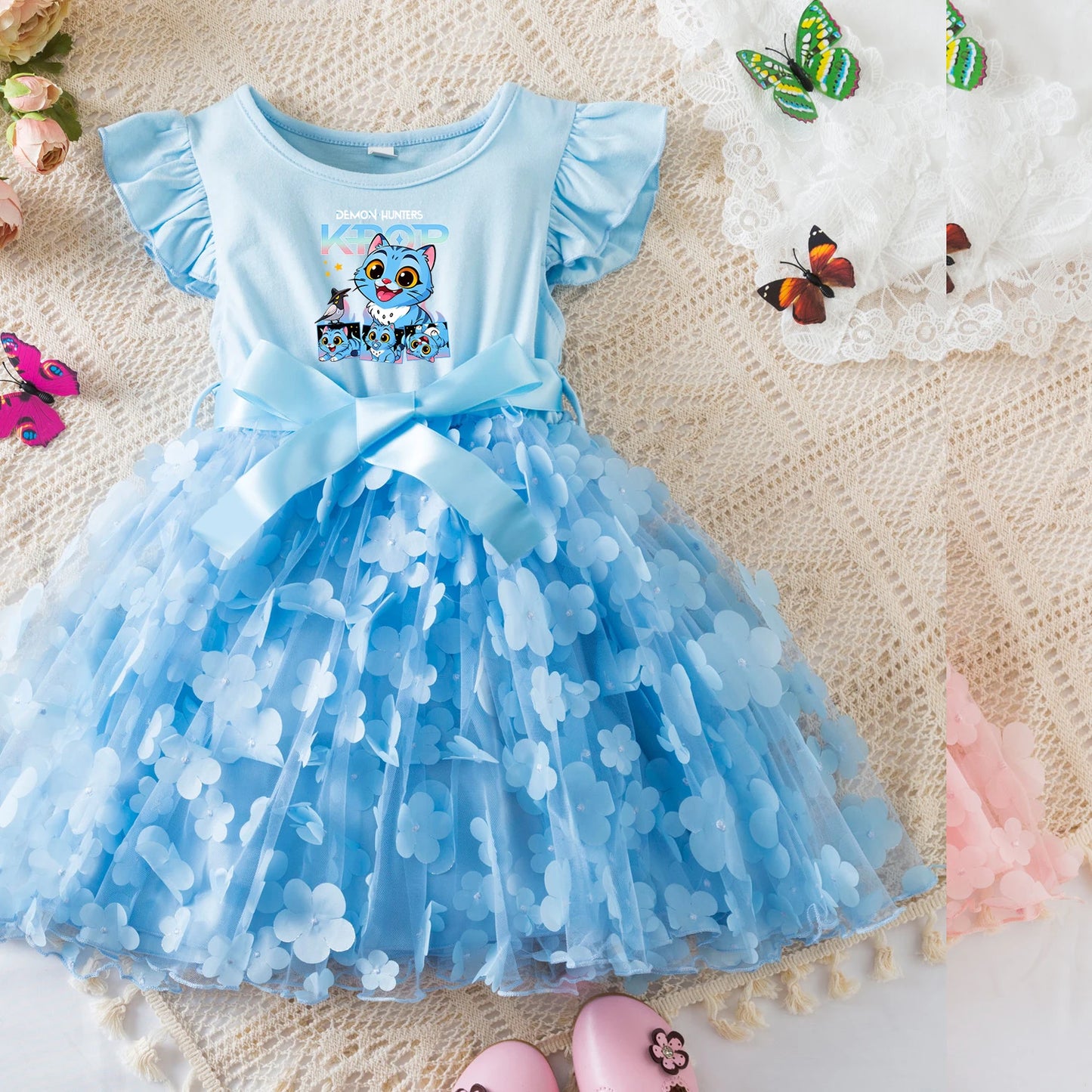 Girls' K-Pop Demon Hunters "Pink Blossom" Dress: 3D Flower Tutu & Idol Graphic Gown