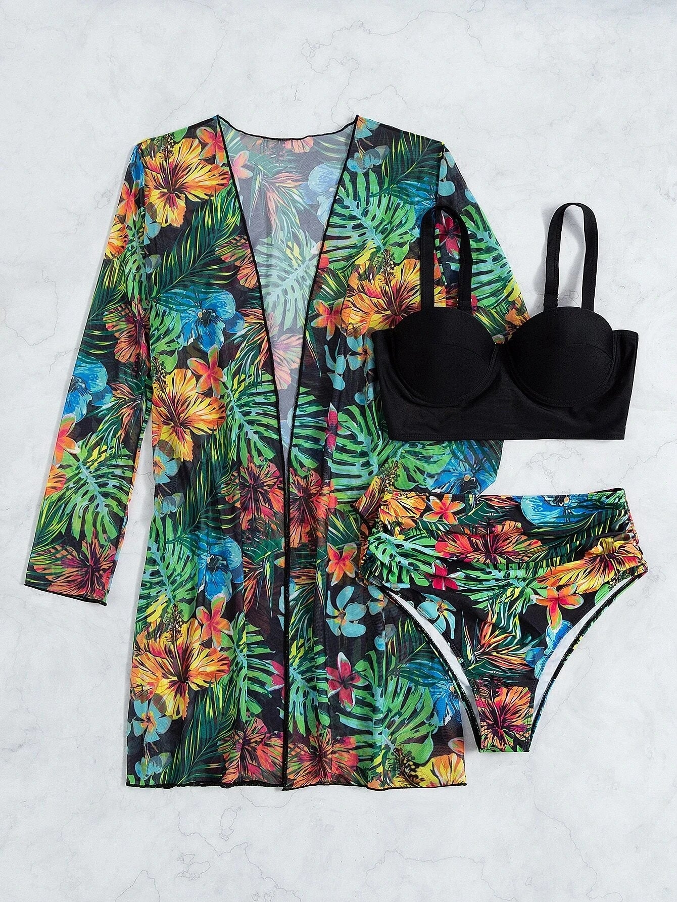 Three Pieces Bikini Set Cover Up Women 2023 New Push Up Twist Swimsuit Print Long Sleeve Swimwear Biquini Bathing Suit Summer