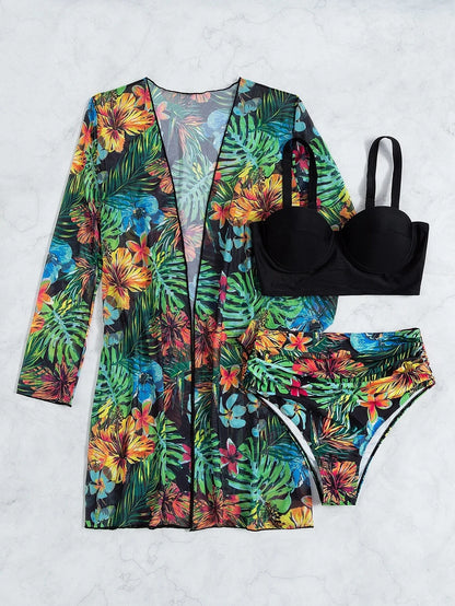 Three Pieces Bikini Set Cover Up Women 2023 New Push Up Twist Swimsuit Print Long Sleeve Swimwear Biquini Bathing Suit Summer