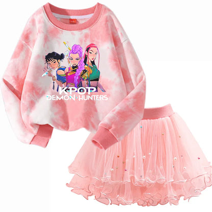 Girls' K-Pop HUNTRX Autumn Set: Pink Tie-Dye Sweatshirt & Pearl Tulle Princess Skirt