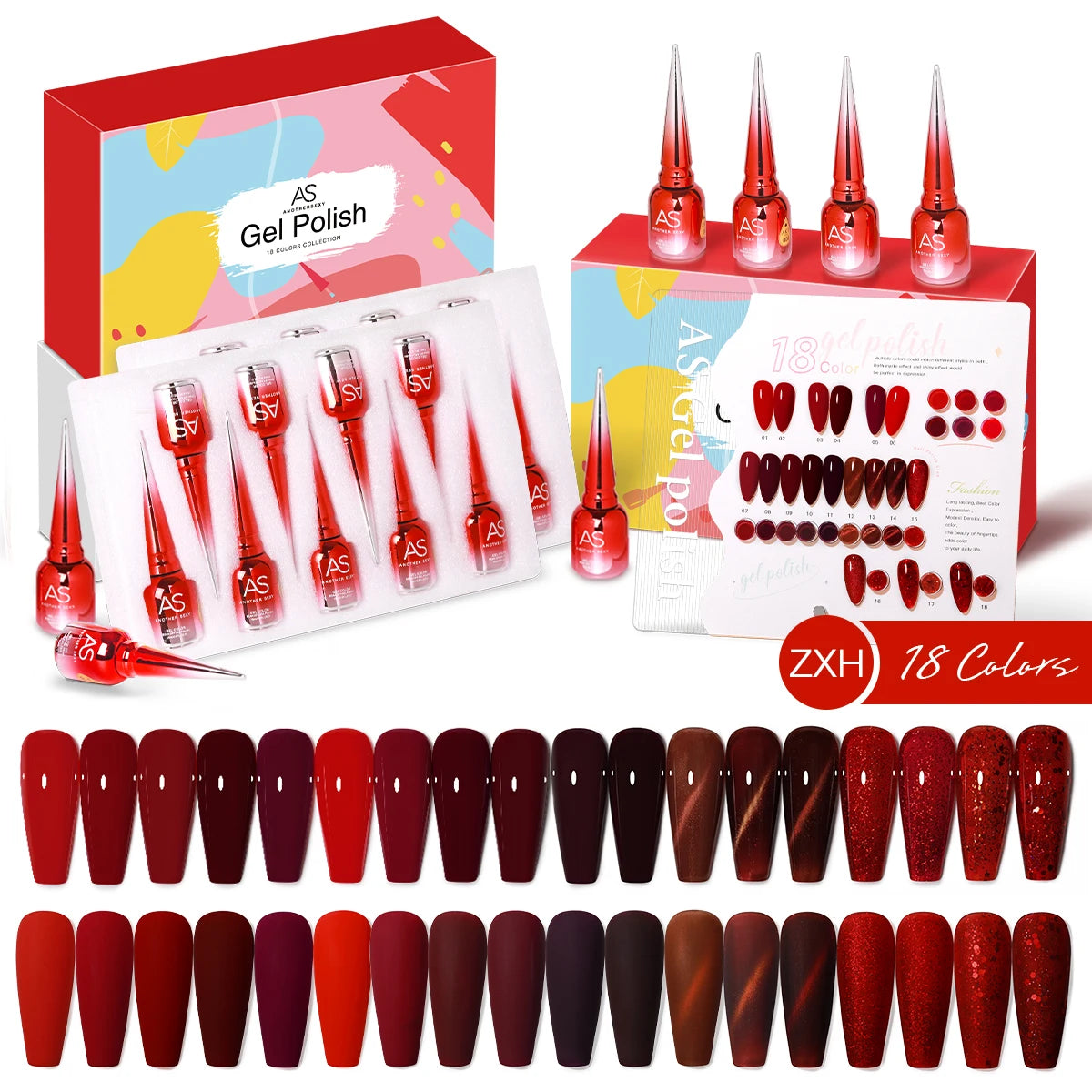 AS 18pcs 15ml Nail Gel Polish Set Red Dark Vernis Semi Permanent Nail Art Supplies Manicure UV Gel Nail Varnish Kit With Chart