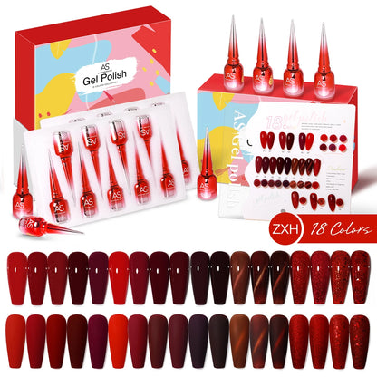 AS 18pcs 15ml Nail Gel Polish Set Red Dark Vernis Semi Permanent Nail Art Supplies Manicure UV Gel Nail Varnish Kit With Chart
