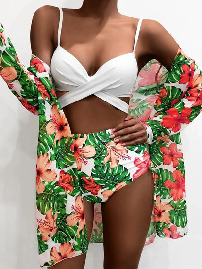 Three Pieces Bikini Set Cover Up Women 2023 New Push Up Twist Swimsuit Print Long Sleeve Swimwear Biquini Bathing Suit Summer