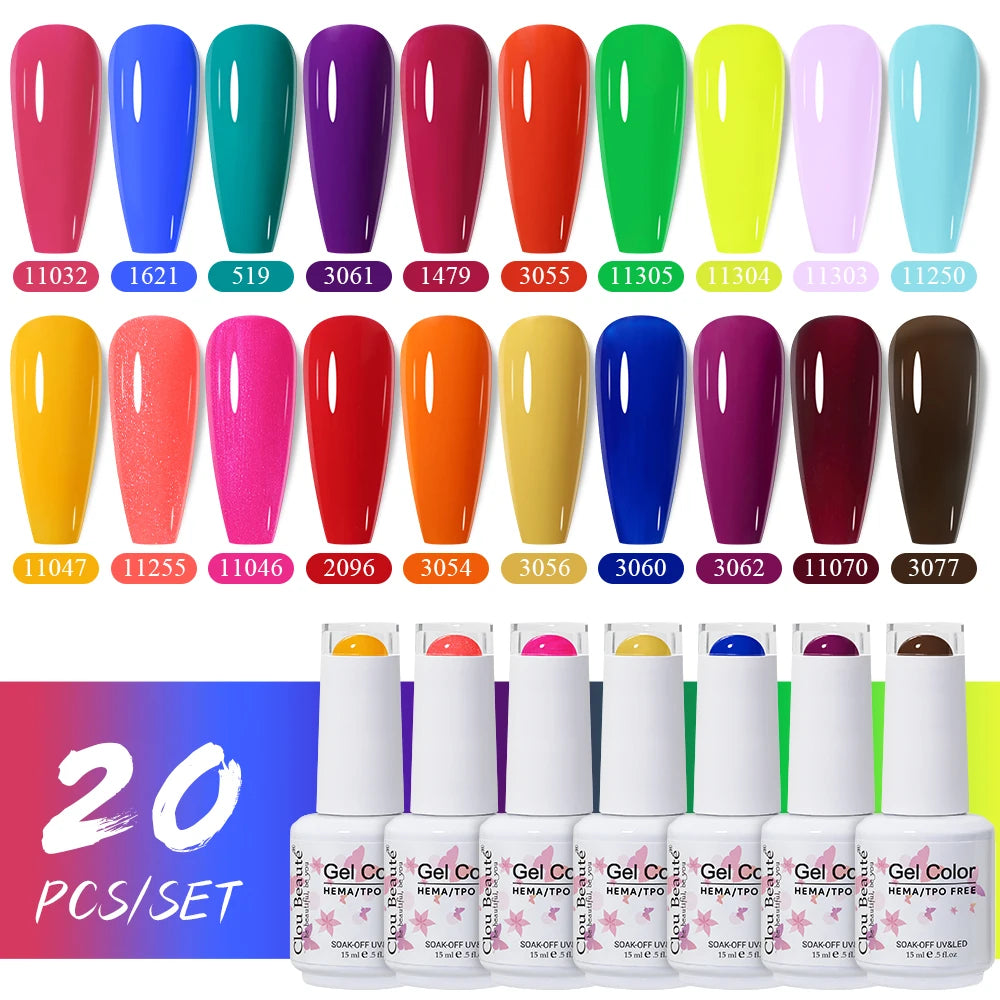 Clou Beaute 20pcs TPO & HEMA FREE Nail Gel Polish Set Red Pink Nude UV LED Soak Off Polish Gel Nail Semi Permanent Nail Varnish