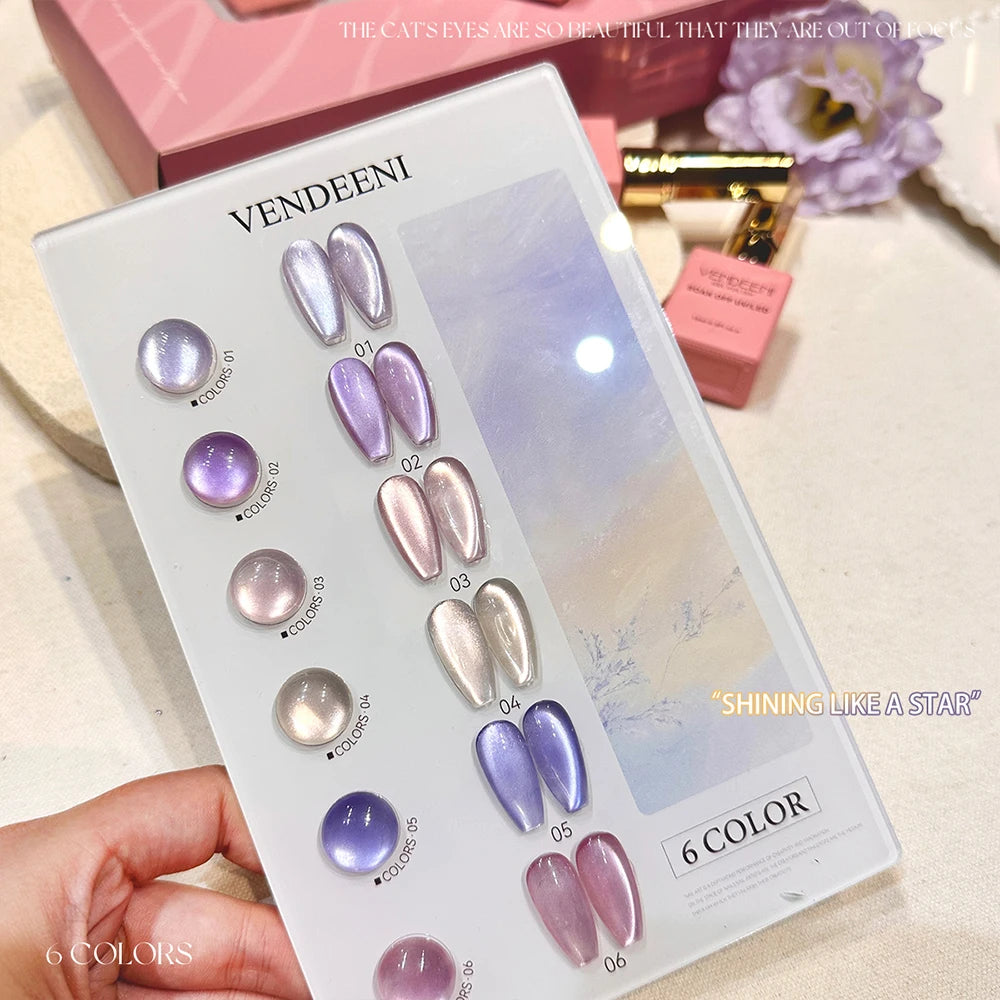 Vendeeni 6 Colors Crystal Cat Eye Gel Nail Polish Set Semi Permanent Sparkling Magnetic UV LED Soak Off Gel Varnish With Display