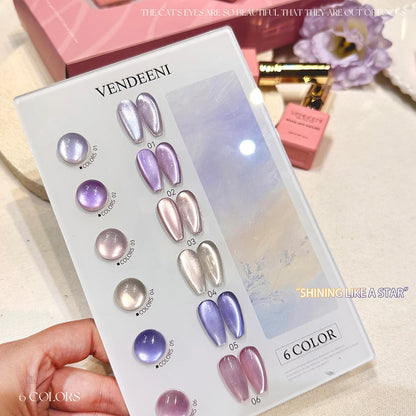 Vendeeni 6 Colors Crystal Cat Eye Gel Nail Polish Set Semi Permanent Sparkling Magnetic UV LED Soak Off Gel Varnish With Display