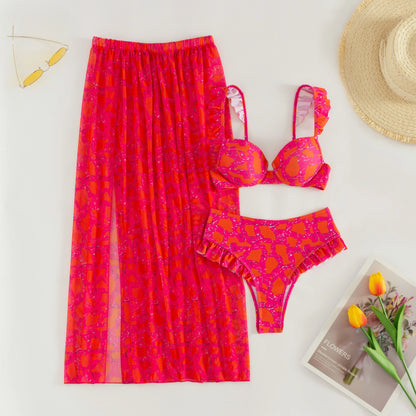 2024 Sexy Women's Swimsuit with Skirt One-Piece Swimwear Vintage Ruffle V Neck Cover Up Bikinis Set Beachwear Bathing Suit