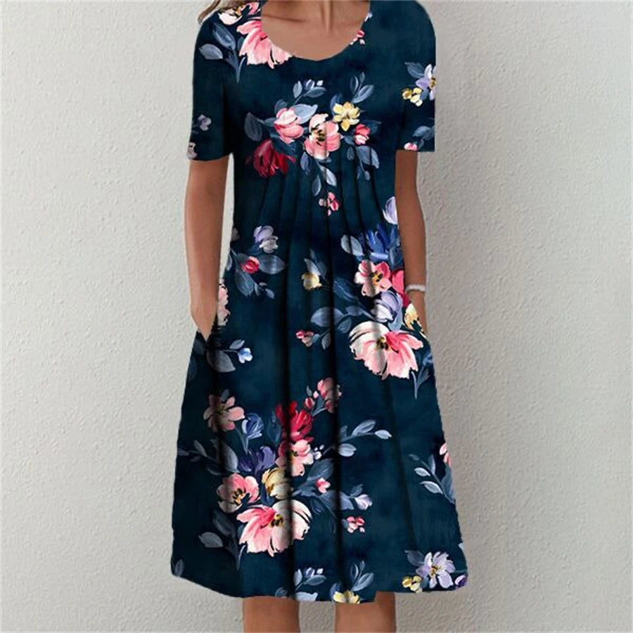 icevoolen Elegant Loose Midi Dress: Casual Short Sleeve Printed Summer Gown