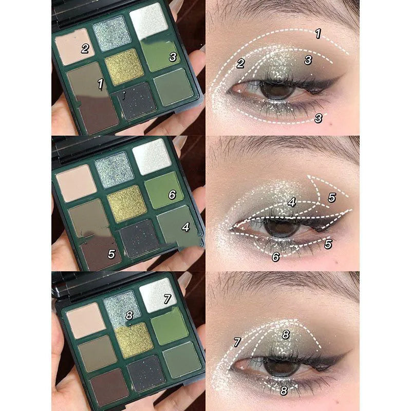 9 Color Eyeshadow Palette Olive Green Smoky Eye Look Pearlescent Shimmer Matte Eyeshadow Powder Makeup Palette Glitter Cosmetics