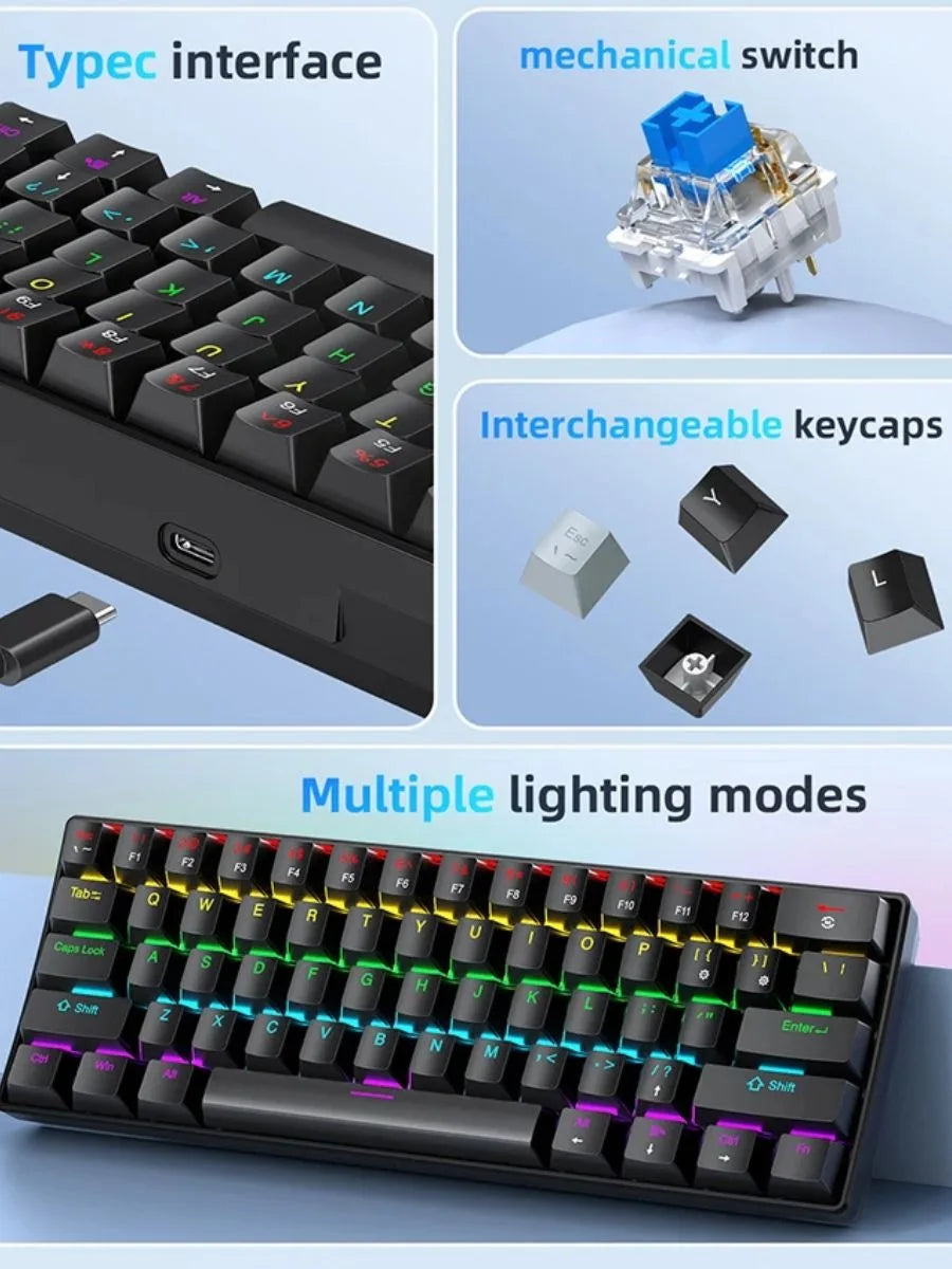 APAYADO K61 Wired Mechanical Keyboard - 60% Compact (61 Keys), RGB Backlit, Portable Design, Phantom Switches, for Gaming