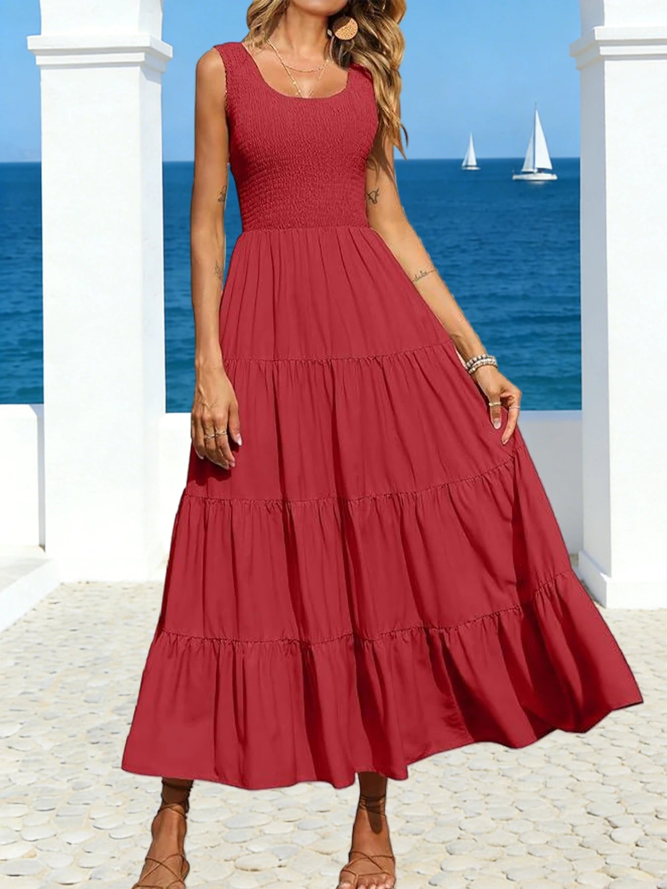 Tiered Smocked Maxi Dress: Sleeveless Pleated A-Line Summer Gown
