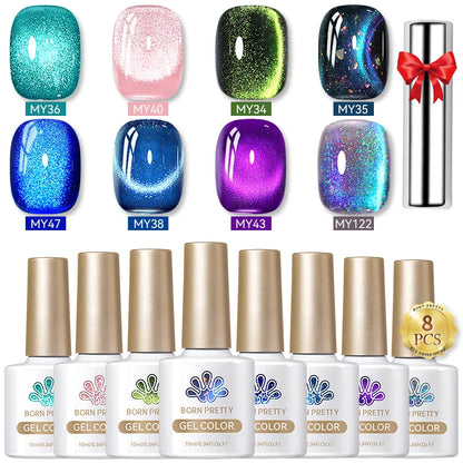 BORN PRETTY 8Pcs Glitter Cat Magnetic Nail Gel Polish Set Moonlight Transparent Summer Semi Permanent UV Gel Soak Off Nail Gel