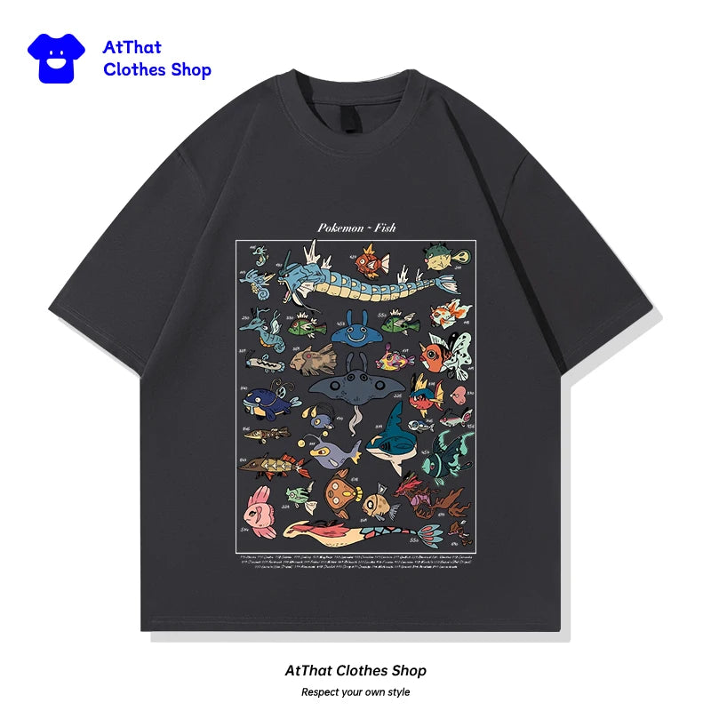 pokemon Fish Guide clothing, Japanese-style retro pure cotton loose summer short-sleeved T-shirt