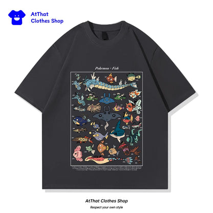 pokemon Fish Guide clothing, Japanese-style retro pure cotton loose summer short-sleeved T-shirt