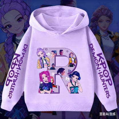 Hoodie for children with letters A-Z, Kpop Demon Hunters sportswear for girls, casual top for autumn and winter long sleeve